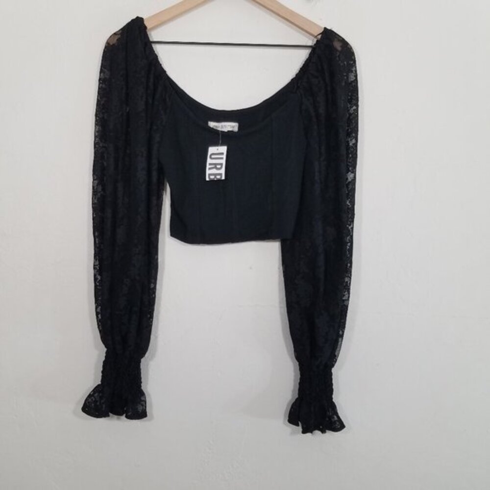 NWT Urban Outfitters Off the Shoulder Lace Long Sleeves Crop Blouse Top Black M